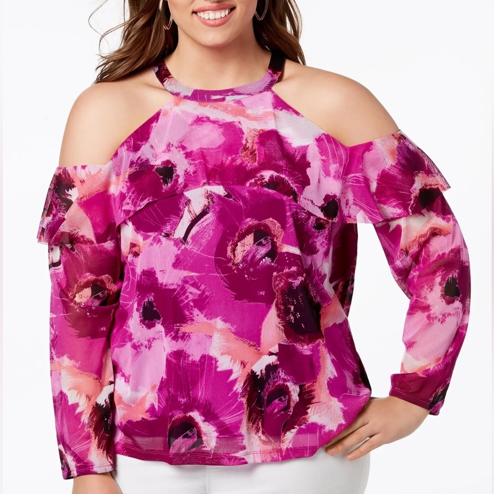 NWT INC International Concepts Floral Cold Shoulder Halter Neck Blouse Top 3X